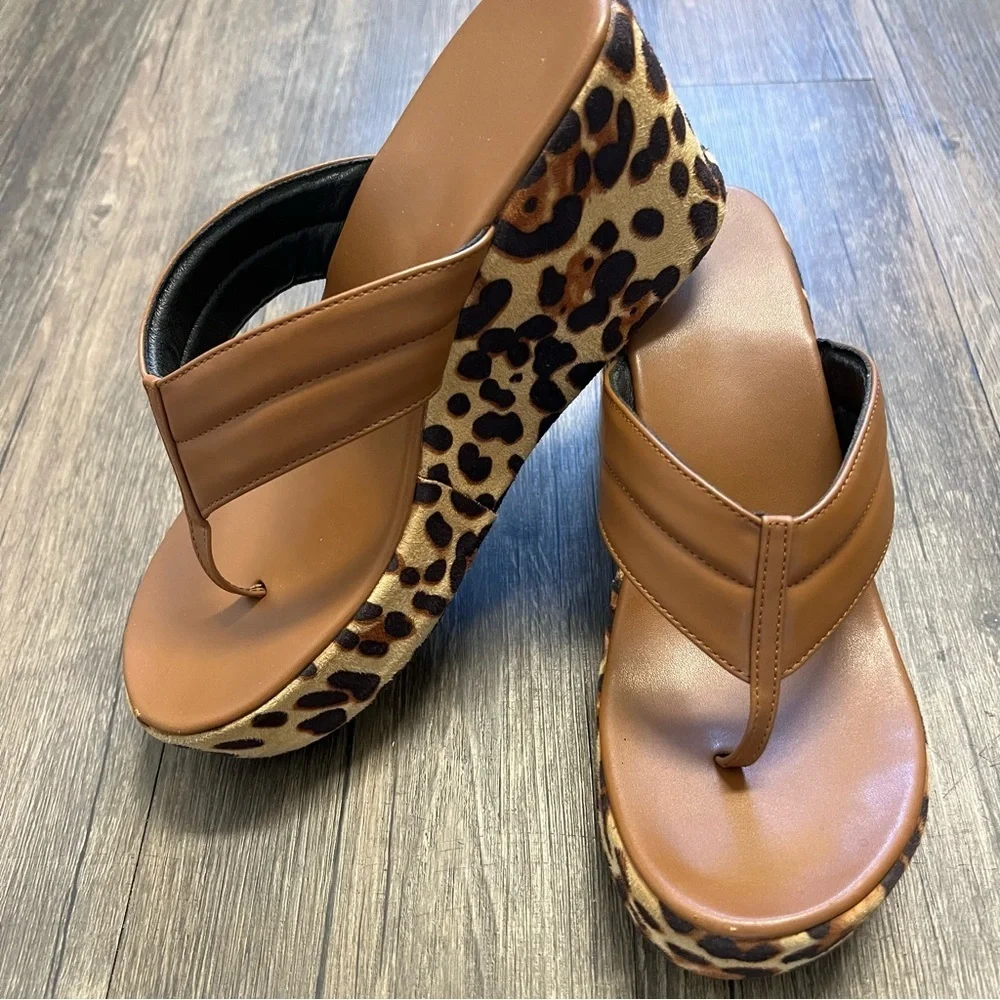 SHEIN Women’s Wedges Leopard Print Platform Sandals Flip Flops Shoes Summer 8